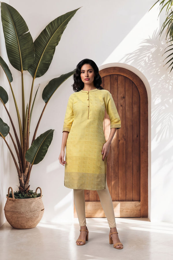 Yellow Yarn Dyed Textured Zari Cotton Blend Straight Kurta with Trouser Set