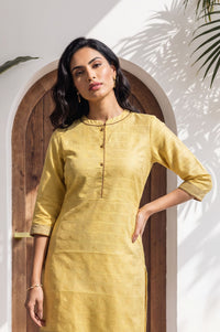 Yellow Yarn Dyed Textured Zari Cotton Blend Straight Kurta with Trouser Set