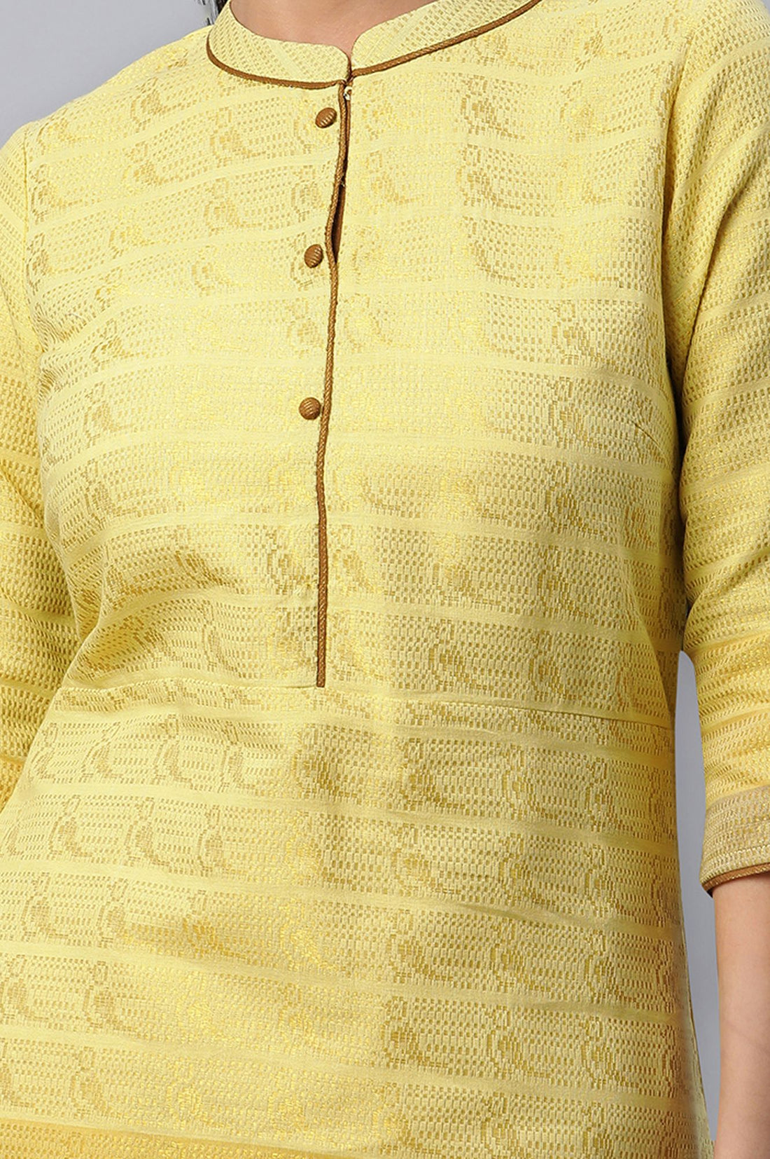 Yellow Yarn Dyed Textured Zari Cotton Blend Straight Kurta with Trouser Set