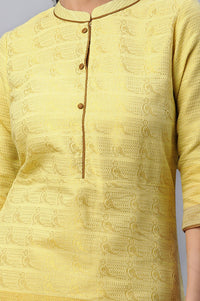 Yellow Yarn Dyed Textured Zari Cotton Blend Straight Kurta with Trouser Set