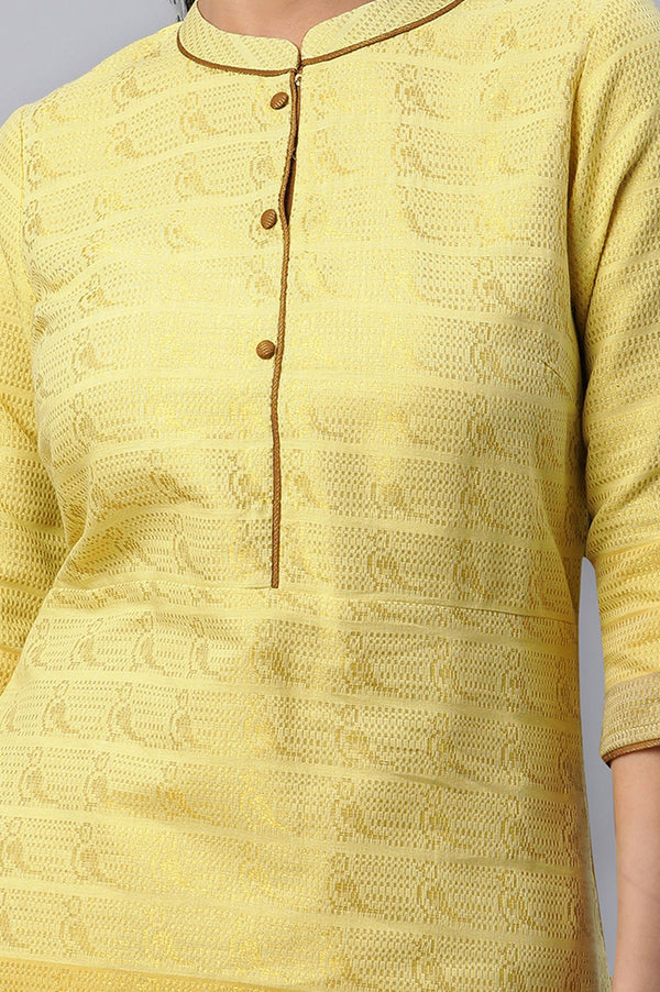 Yellow Yarn Dyed Textured Zari Cotton Blend Straight Kurta with Trouser Set