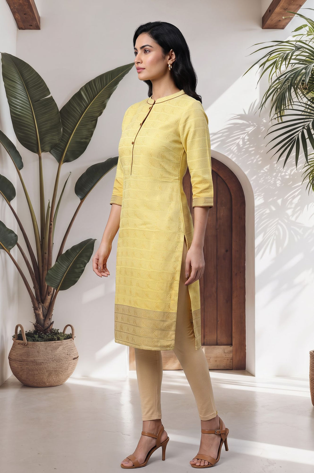Yellow Yarn Dyed Textured Zari Cotton Blend Straight Kurta with Trouser Set