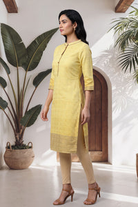 Yellow Yarn Dyed Textured Zari Cotton Blend Straight Kurta with Trouser Set