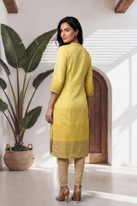 Yellow Yarn Dyed Textured Zari Cotton Blend Straight Kurta with Trouser Set