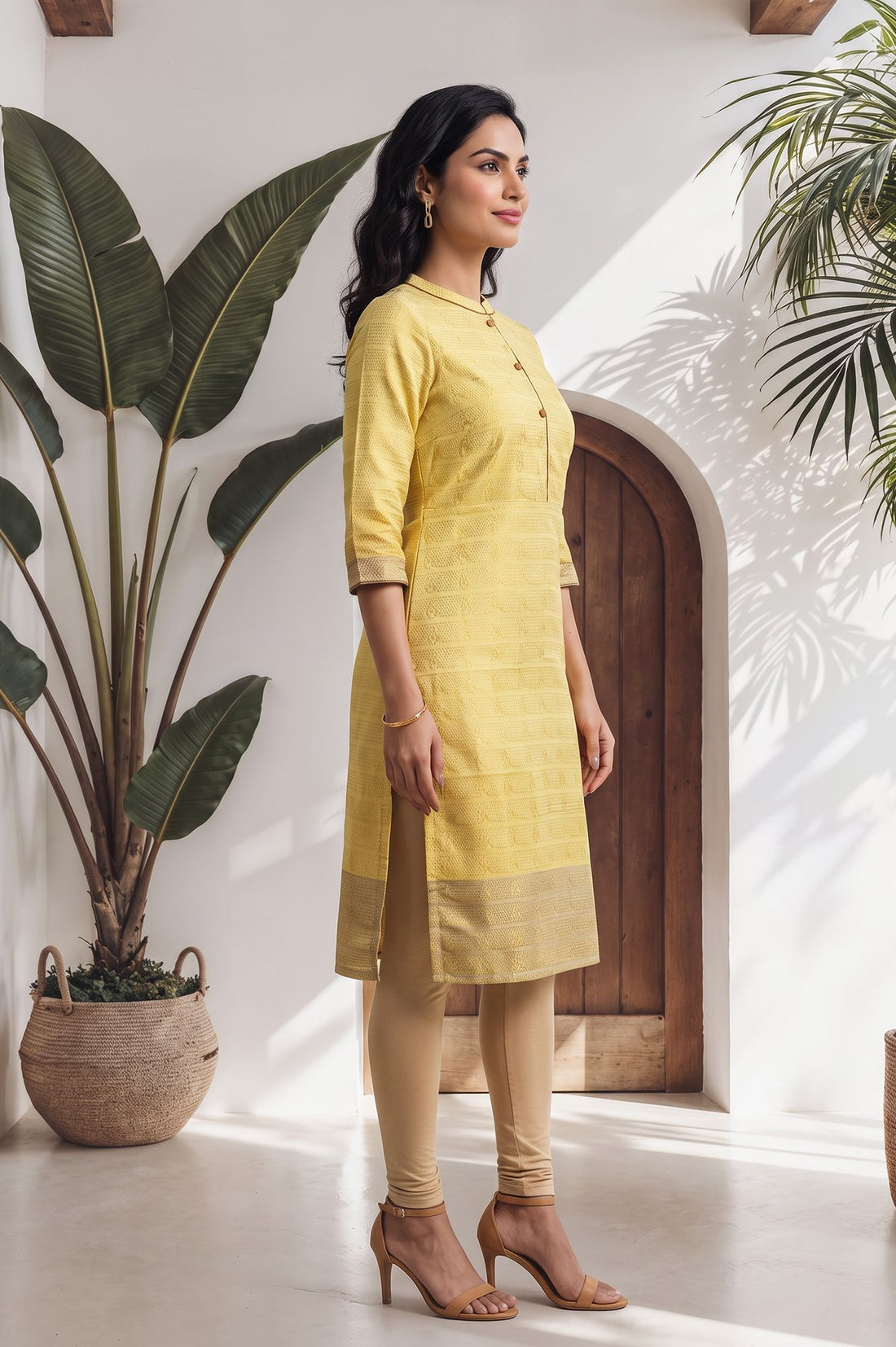 Yellow Yarn Dyed Textured Zari Cotton Blend Straight Kurta with Trouser Set