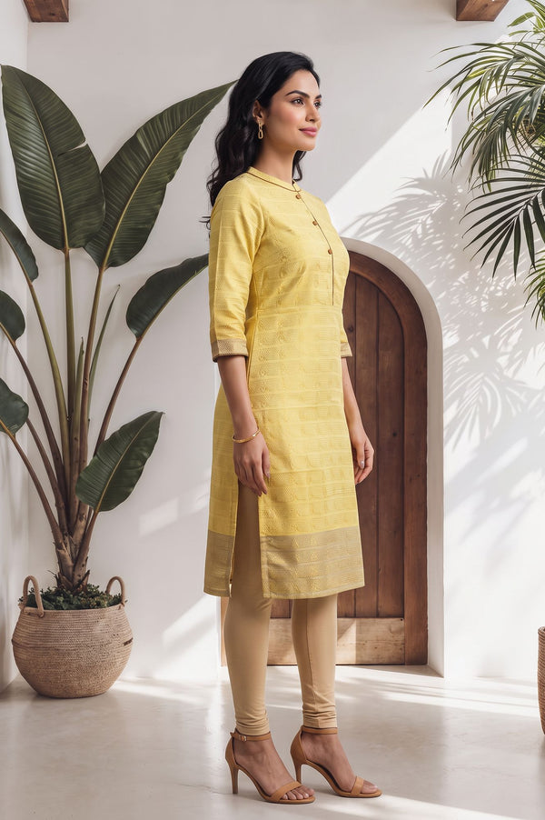 Yellow Yarn Dyed Textured Zari Cotton Blend Straight Kurta with Trouser Set