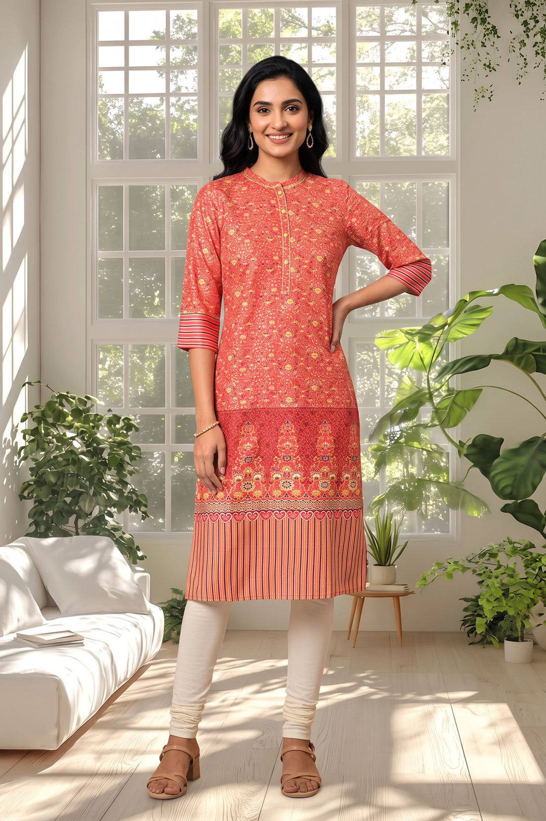 Red Floral Printed Straight Kurta with Churidar Set