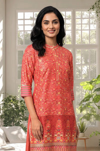 Red Floral Printed Straight Kurta with Churidar Set