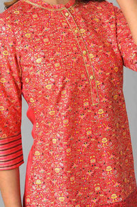 Red Floral Printed Straight Kurta with Churidar Set