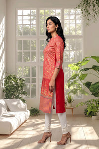 Red Floral Printed Straight Kurta with Churidar Set