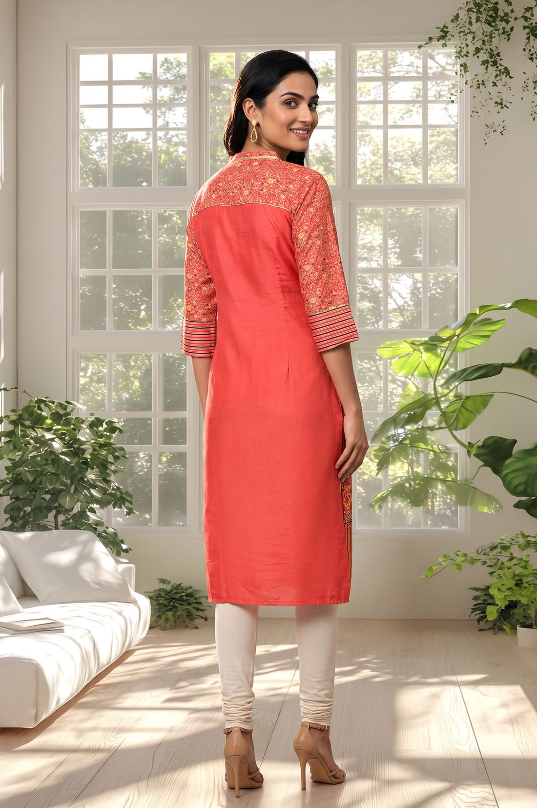 Red Floral Printed Straight Kurta with Churidar Set