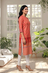 Red Floral Printed Straight Kurta with Churidar Set