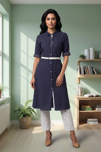 Navy Blue Striped Lace Pure Cotton Straight Kurta with Trousers Set