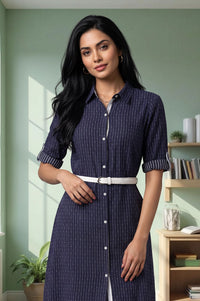 Navy Blue Striped Lace Pure Cotton Straight Kurta with Trousers Set