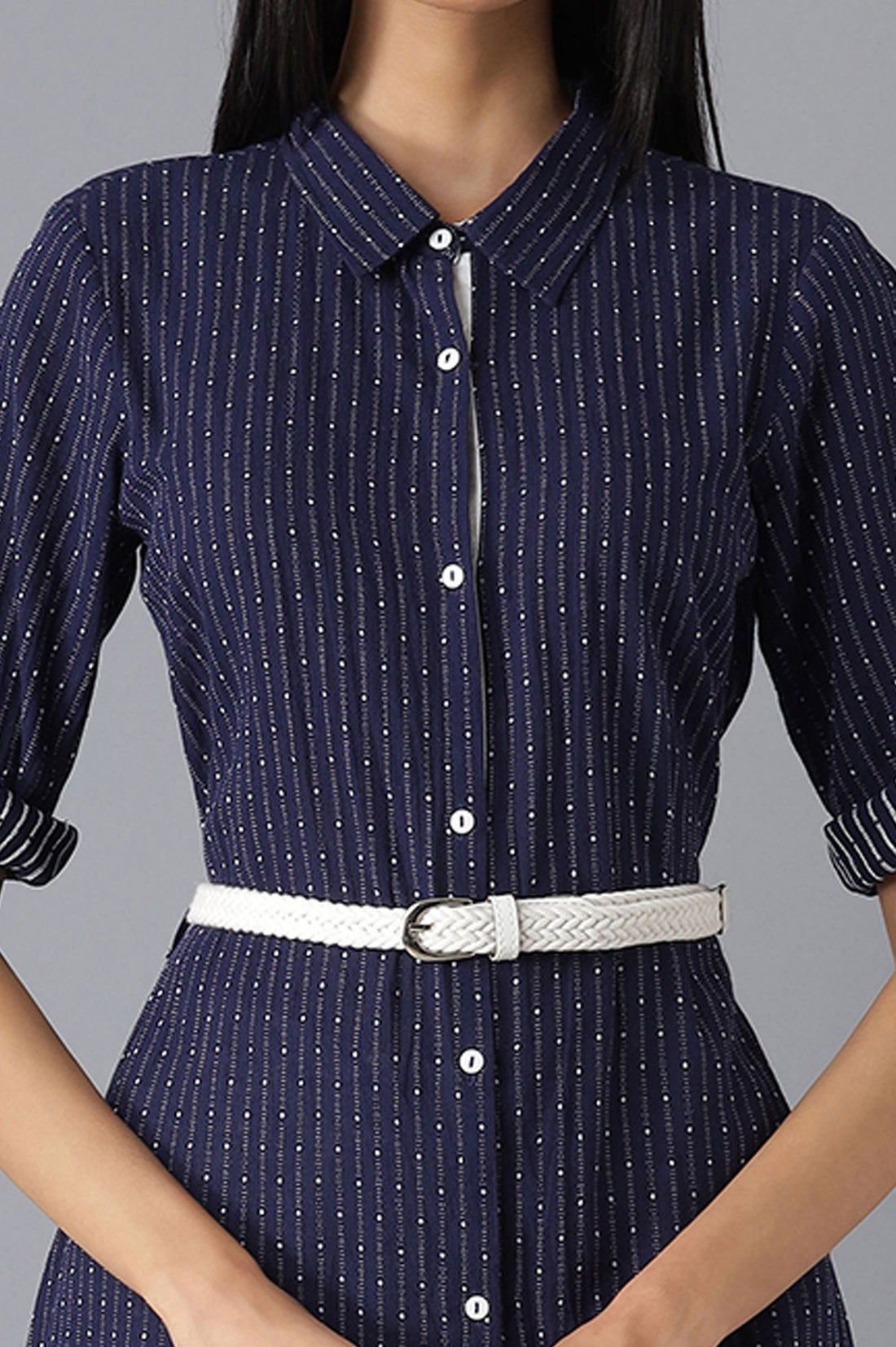 Navy Blue Striped Lace Pure Cotton Straight Kurta with Trousers Set