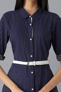 Navy Blue Striped Lace Pure Cotton Straight Kurta with Trousers Set
