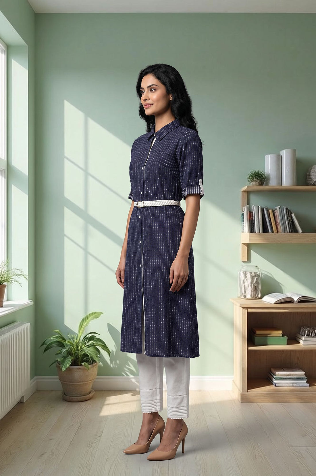 Navy Blue Striped Lace Pure Cotton Straight Kurta with Trousers Set