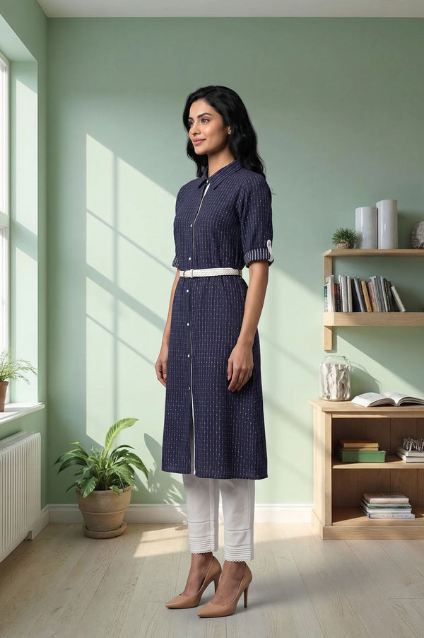 Navy Blue Striped Lace Pure Cotton Straight Kurta with Trousers Set
