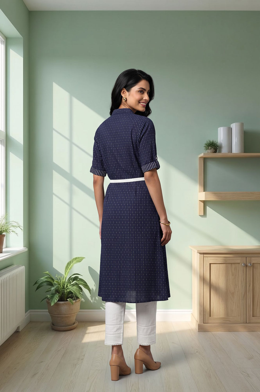 Navy Blue Striped Lace Pure Cotton Straight Kurta with Trousers Set