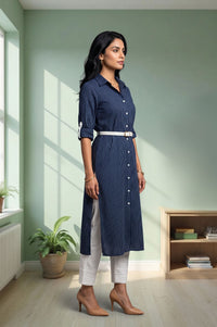 Navy Blue Striped Lace Pure Cotton Straight Kurta with Trousers Set