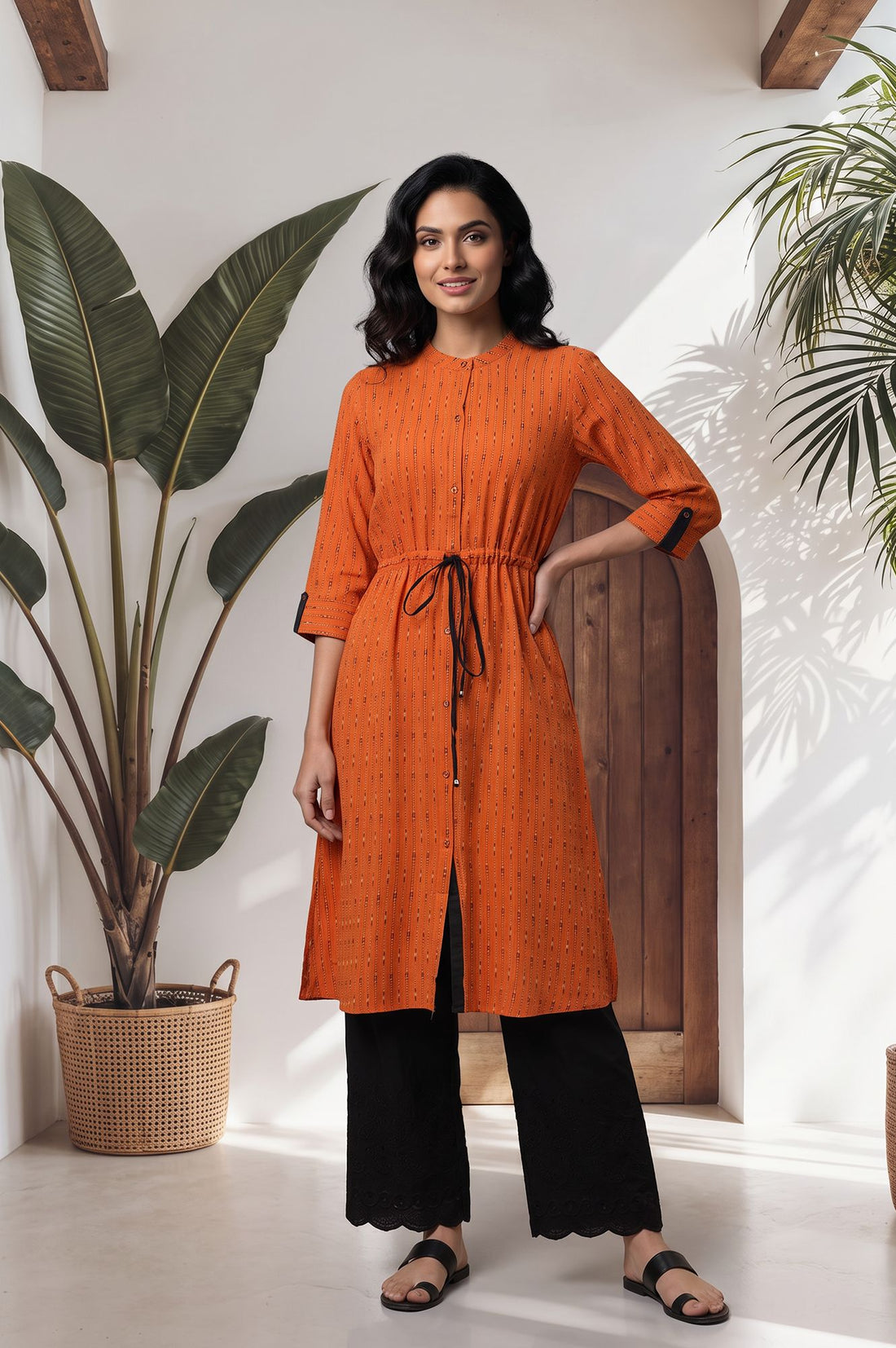 Orange Striped Printed Pure Cotton Straight Kurta with Palazzo Set
