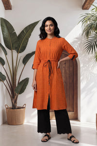 Orange Striped Printed Pure Cotton Straight Kurta with Palazzo Set