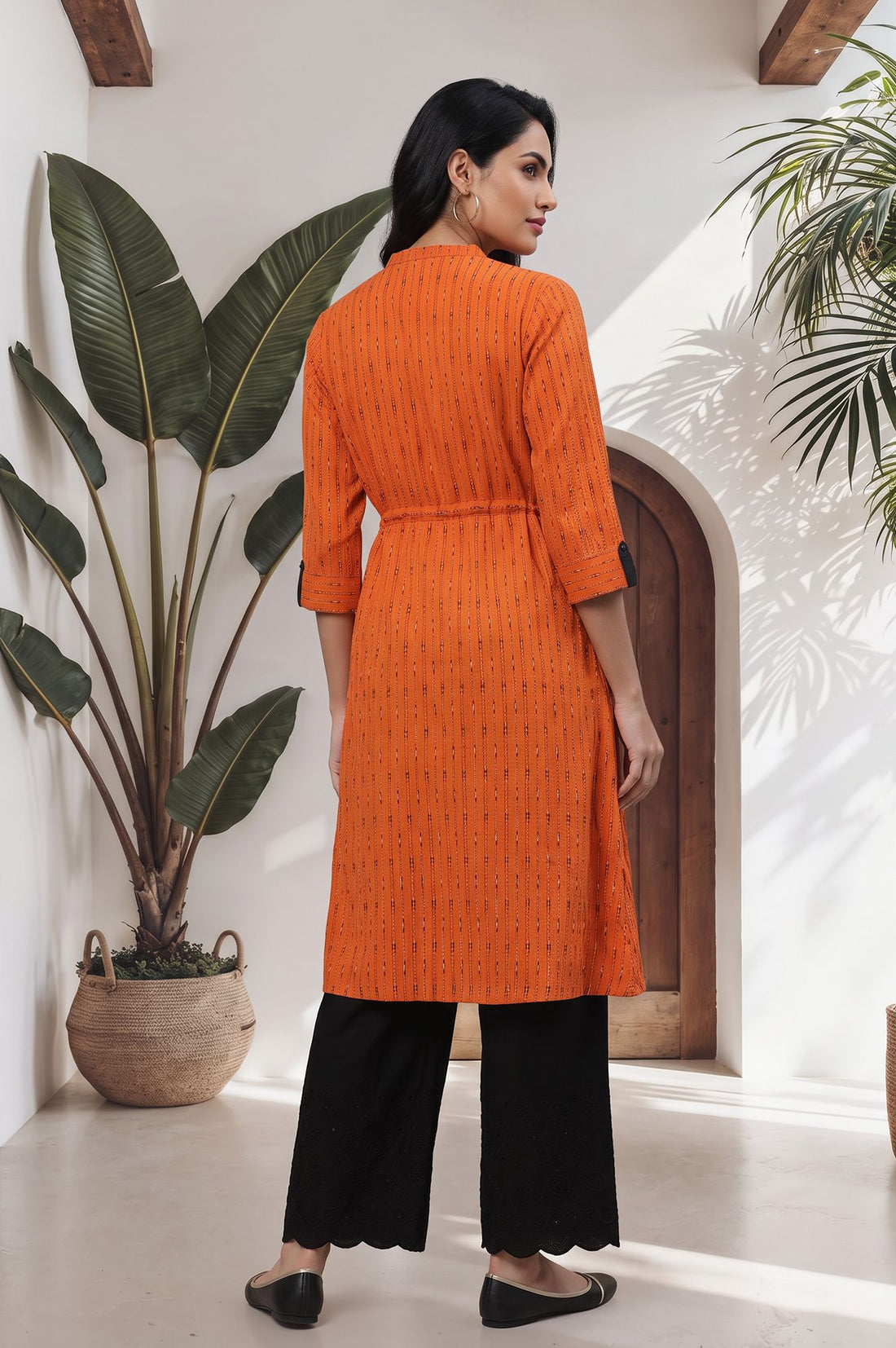 Orange Striped Printed Pure Cotton Straight Kurta with Palazzo Set