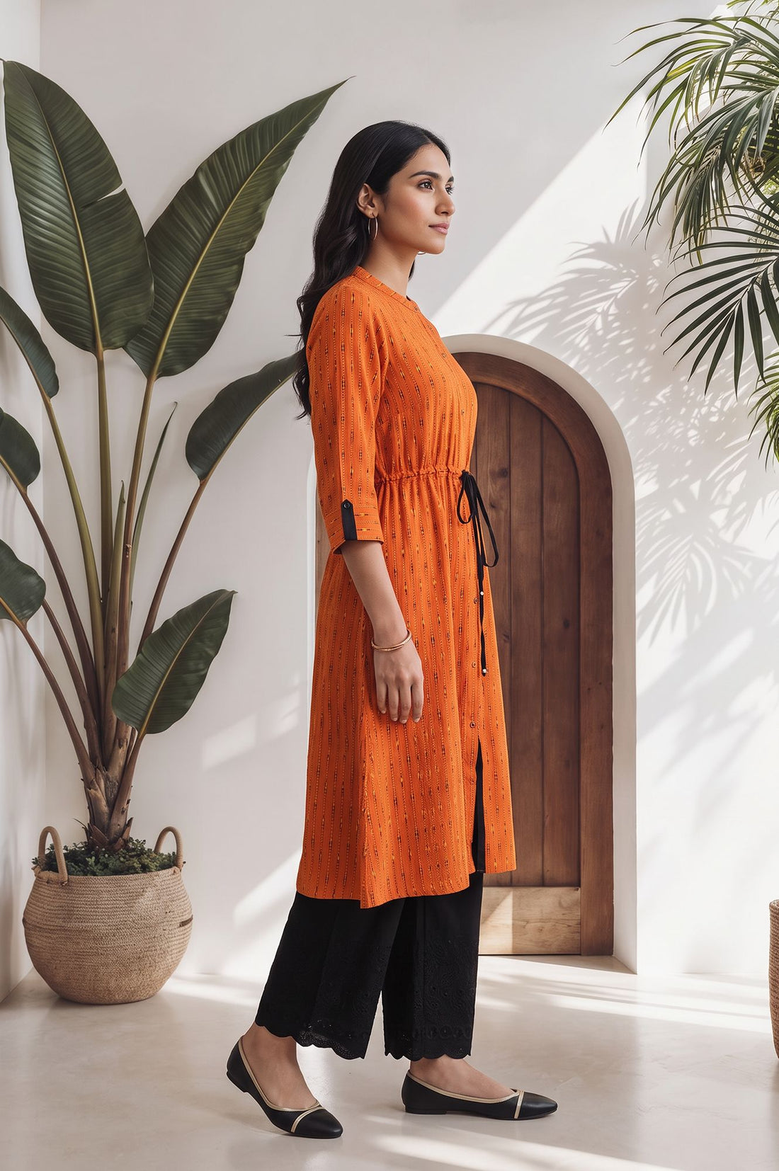 Orange Striped Printed Pure Cotton Straight Kurta with Palazzo Set