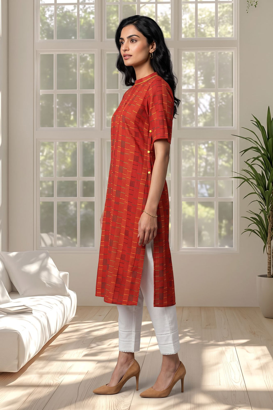 Red Striped Pure Cotton Straight Kurta with Trouser Set