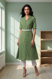 Green Striped Pure Cotton Straight Kurta with Trousers Set