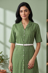 Green Striped Pure Cotton Straight Kurta with Trousers Set