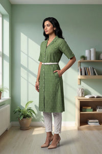 Green Striped Pure Cotton Straight Kurta with Trousers Set