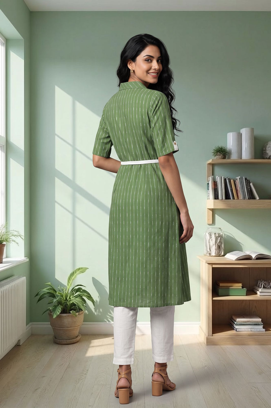 Green Striped Pure Cotton Straight Kurta with Trousers Set