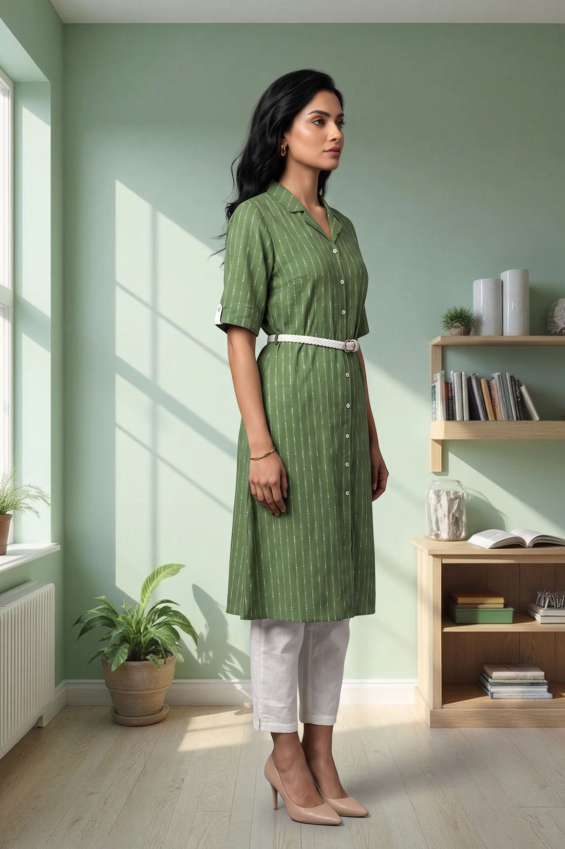 Green Striped Pure Cotton Straight Kurta with Trousers Set