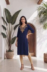 Navy Blue Zari Embroidered Straight Kurta with Tights Set