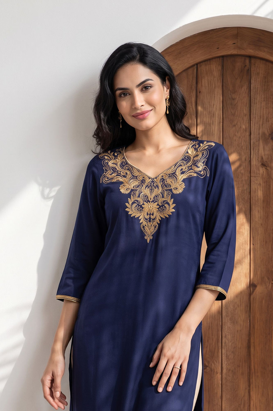 Navy Blue Zari Embroidered Straight Kurta with Tights Set