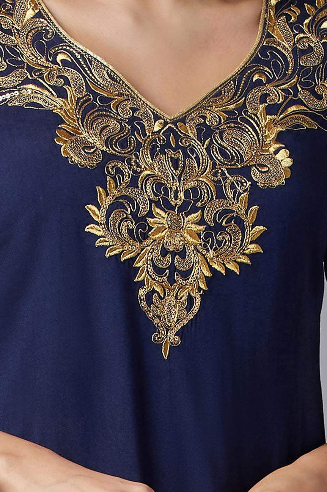 Navy Blue Zari Embroidered Straight Kurta with Tights Set