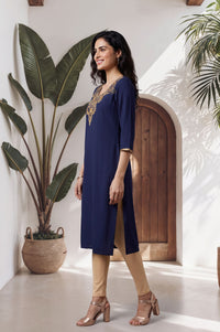 Navy Blue Zari Embroidered Straight Kurta with Tights Set