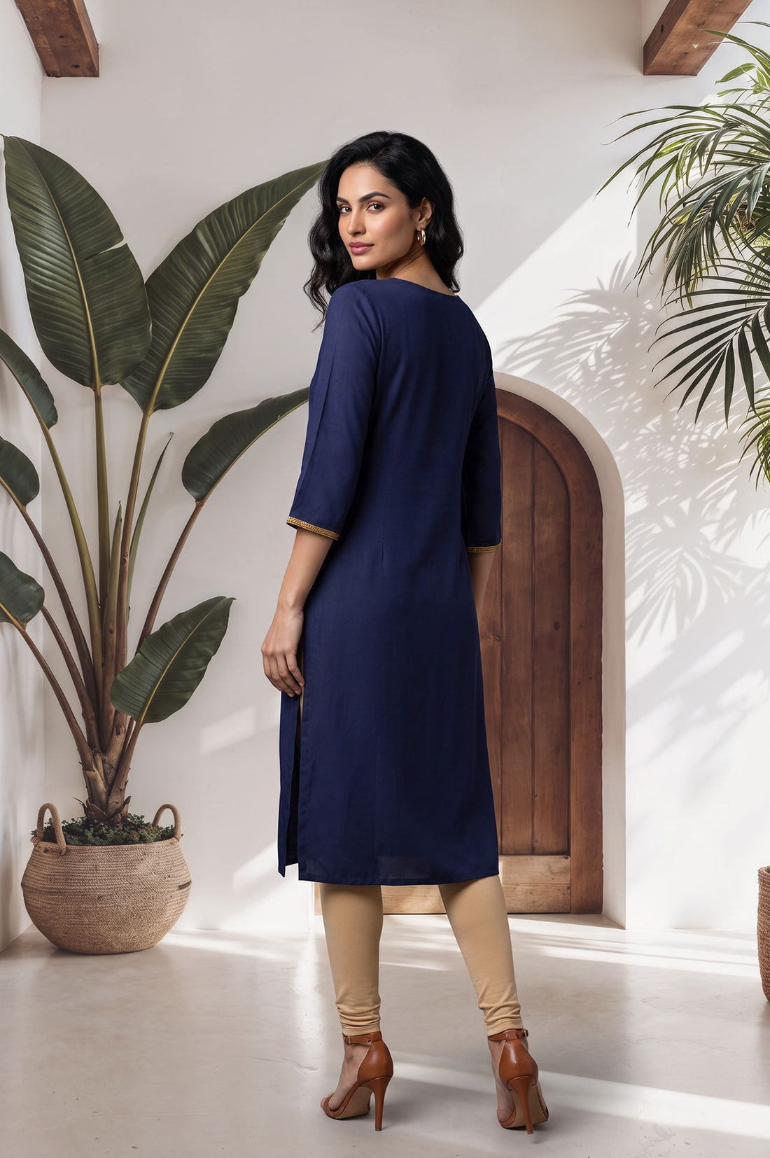 Navy Blue Zari Embroidered Straight Kurta with Tights Set