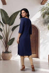 Navy Blue Zari Embroidered Straight Kurta with Tights Set