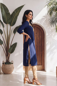 Navy Blue Zari Embroidered Straight Kurta with Tights Set