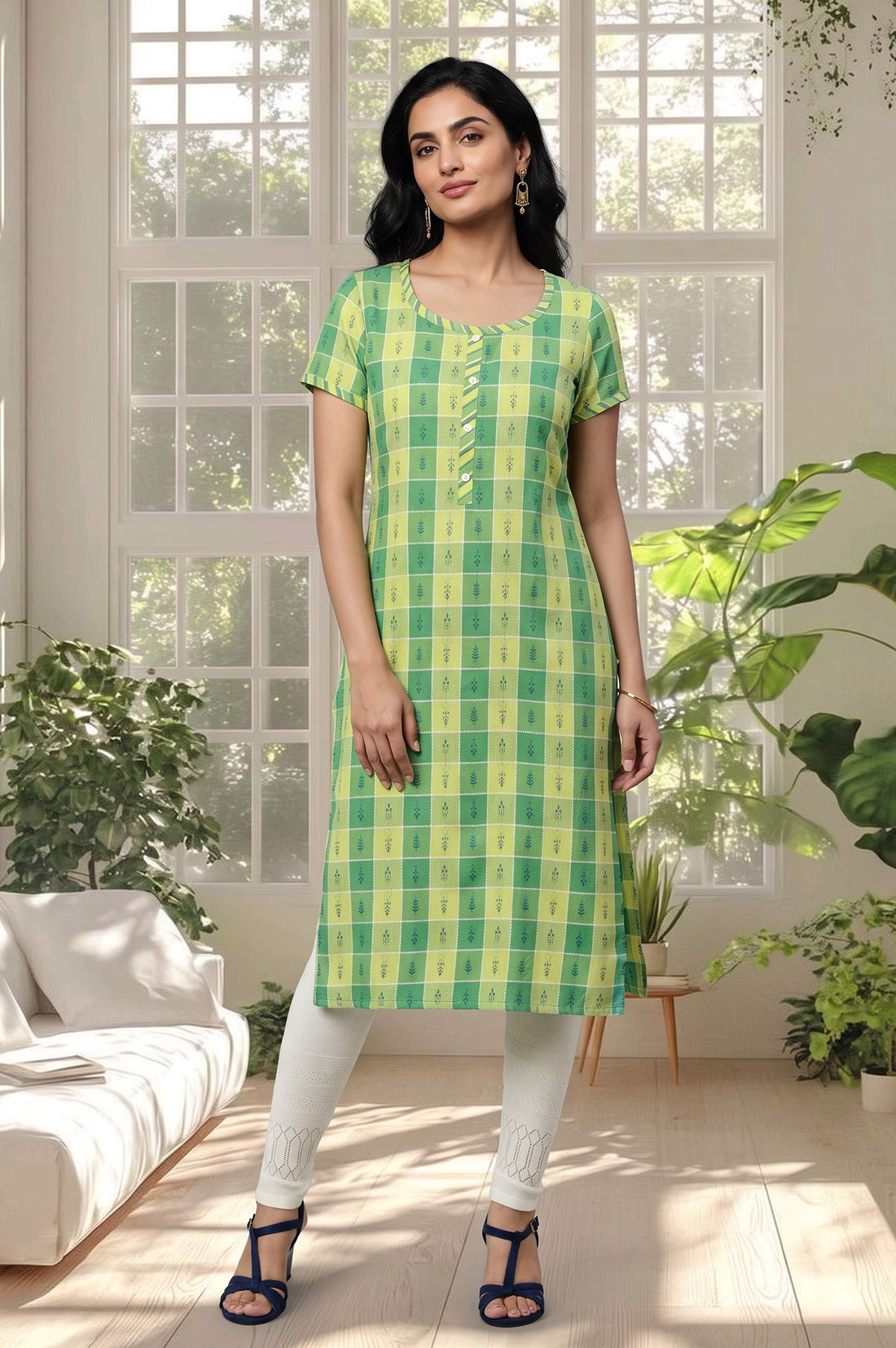 Green Checkered Cotton Rayon Straight Kurta with Tights Set