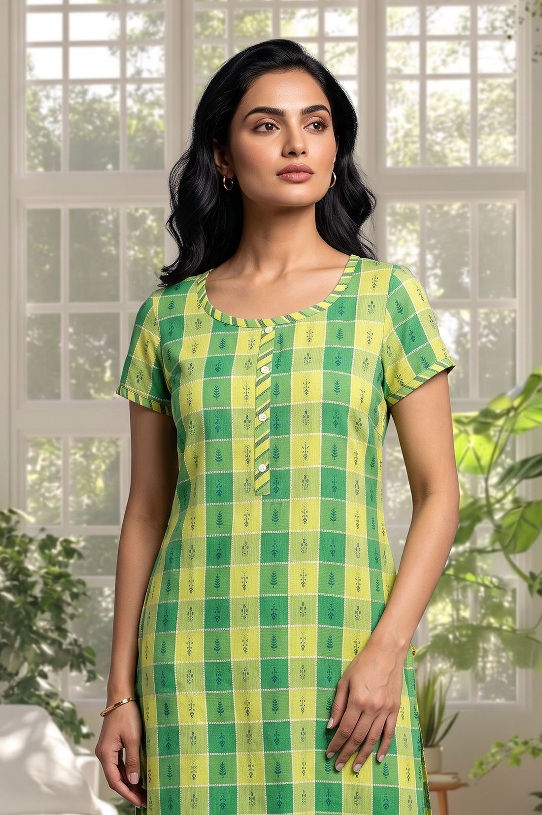 Green Checkered Cotton Rayon Straight Kurta with Tights Set