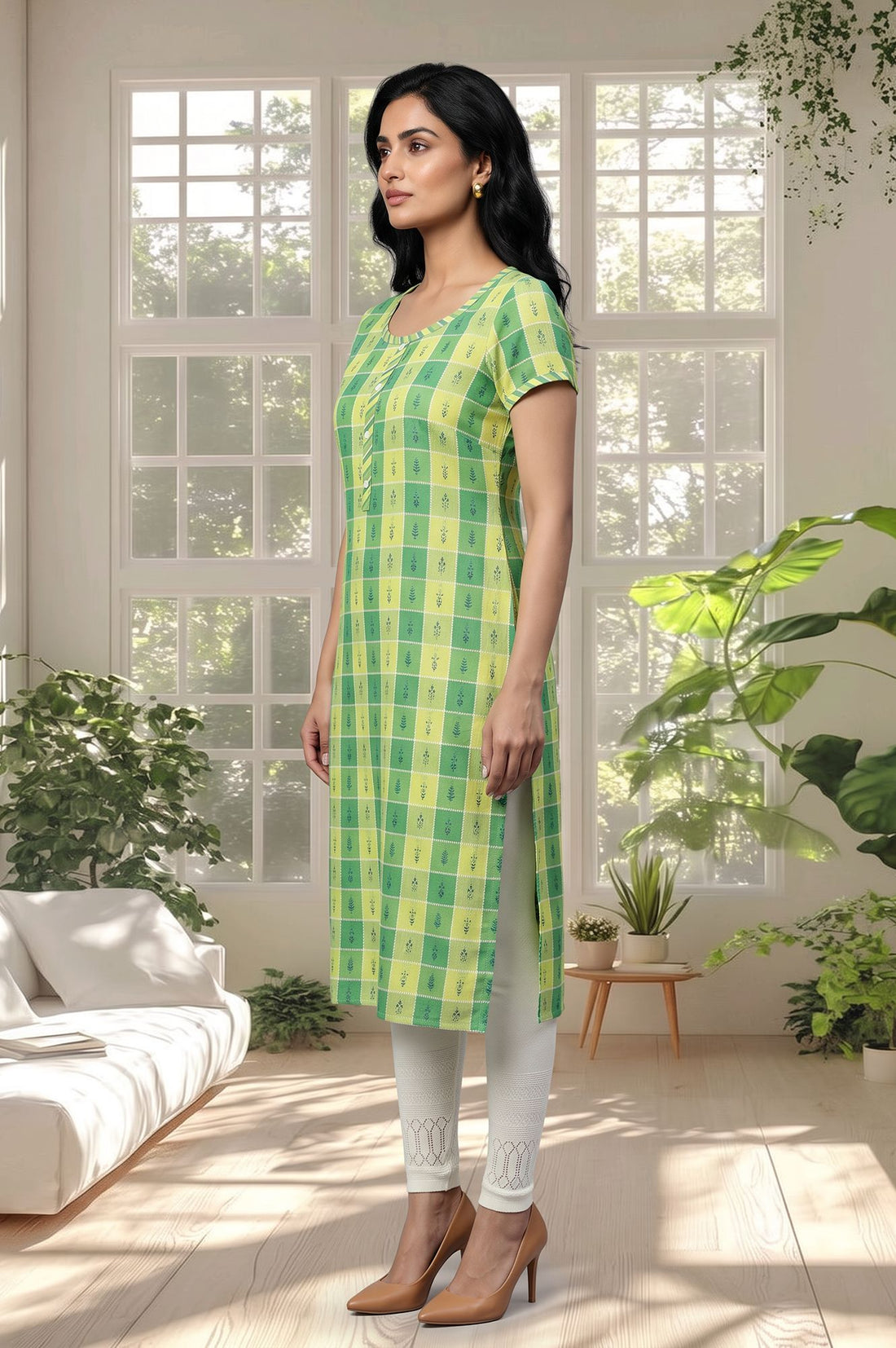 Green Checkered Cotton Rayon Straight Kurta with Tights Set