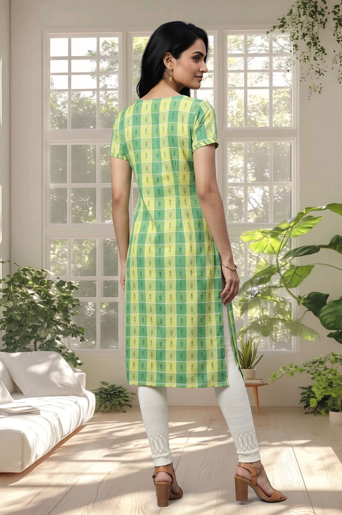 Green Checkered Cotton Rayon Straight Kurta with Tights Set