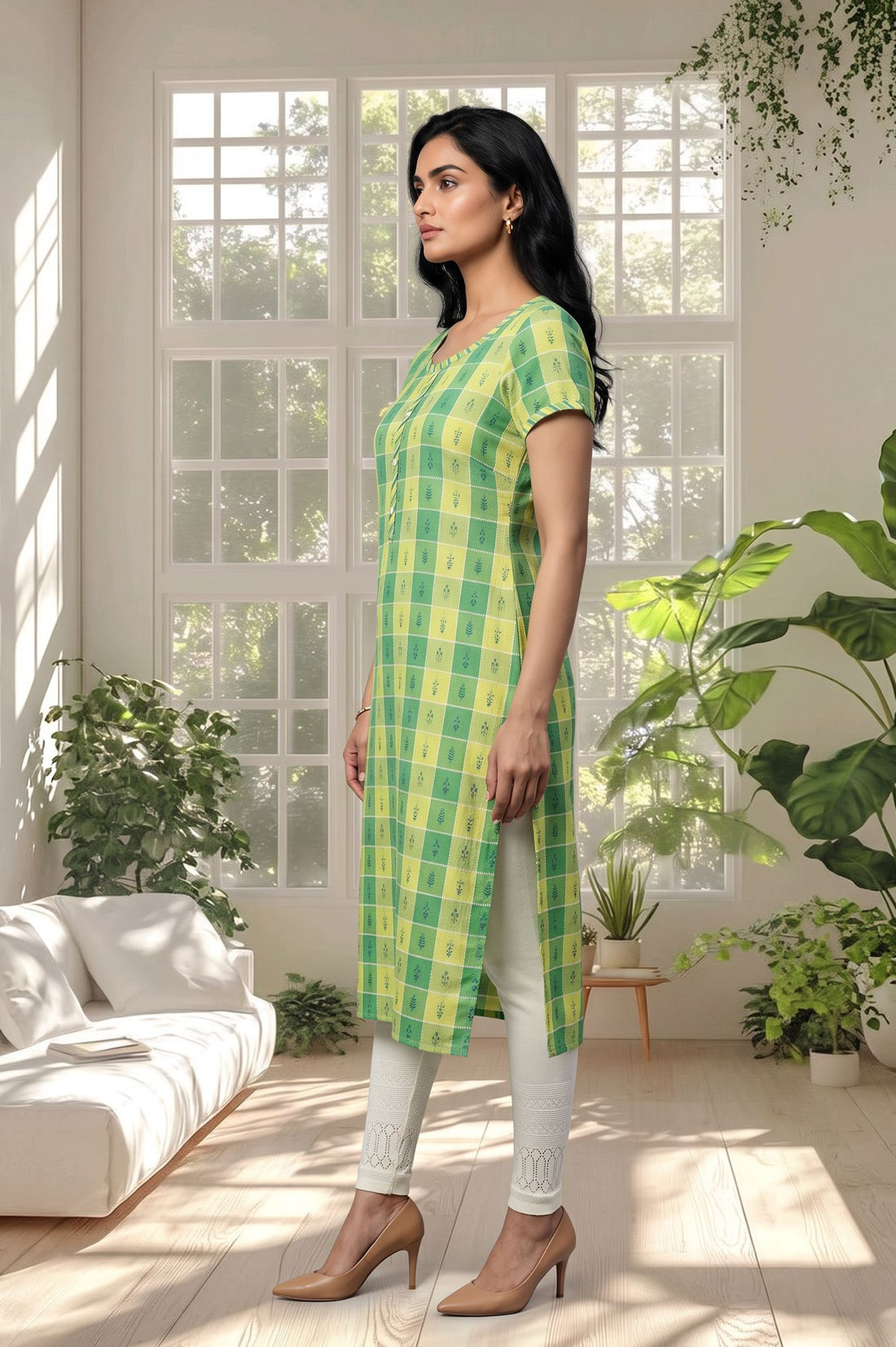 Green Checkered Cotton Rayon Straight Kurta with Tights Set