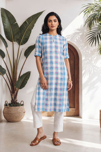 Blue Checkered Printed Lace Cotton Rayon Straight Kurta with Tights Set