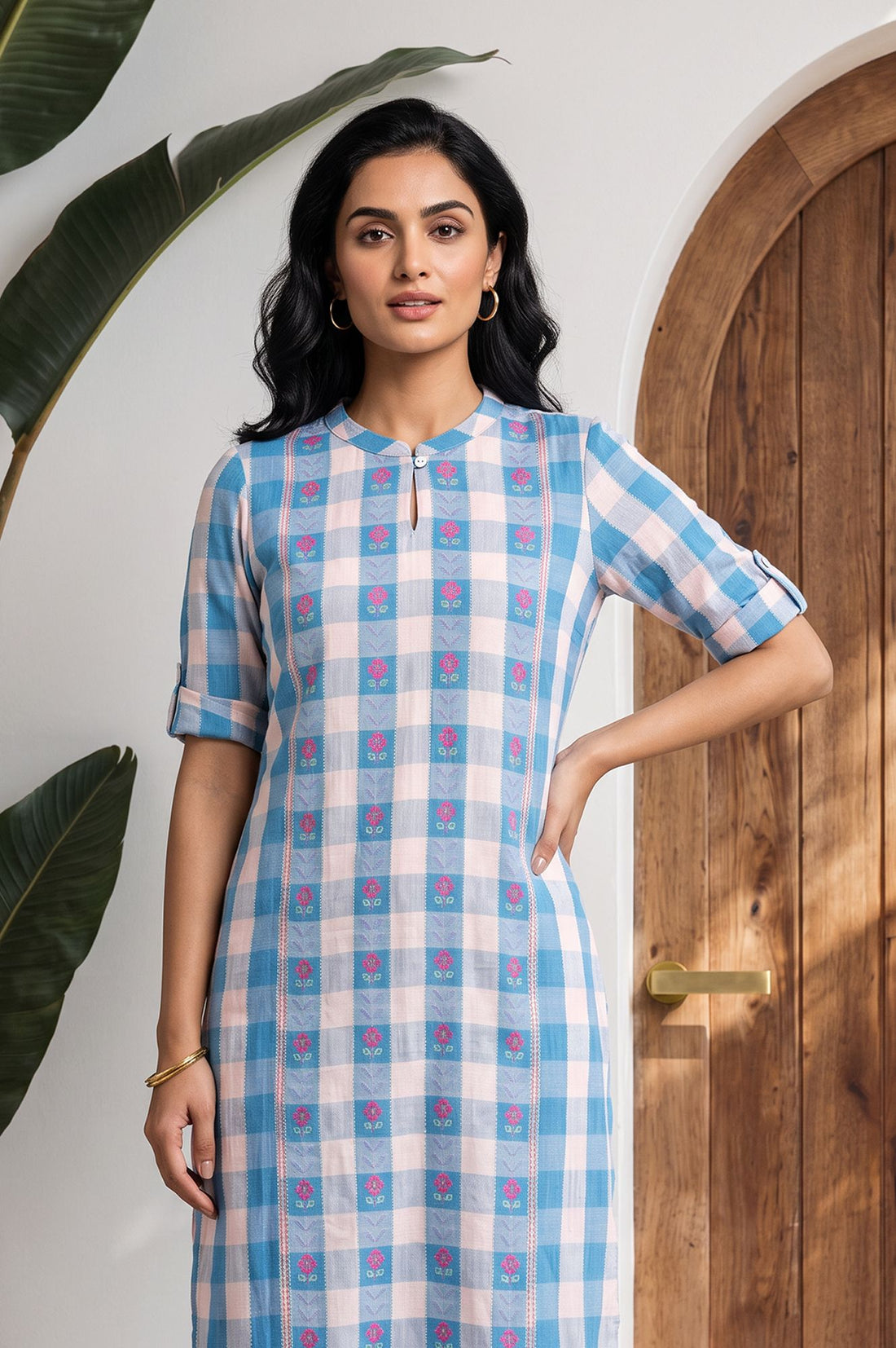 Blue Checkered Printed Lace Cotton Rayon Straight Kurta with Tights Set