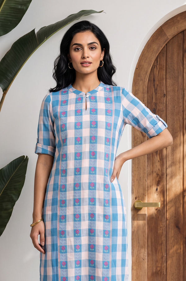 Blue Checkered Printed Lace Cotton Rayon Straight Kurta with Tights Set