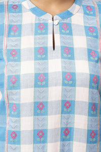 Blue Checkered Printed Lace Cotton Rayon Straight Kurta with Tights Set